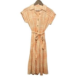 Calvin Klein Linen Shirt Dress Button Down Tie Dye Orange Size 2 Tie Front